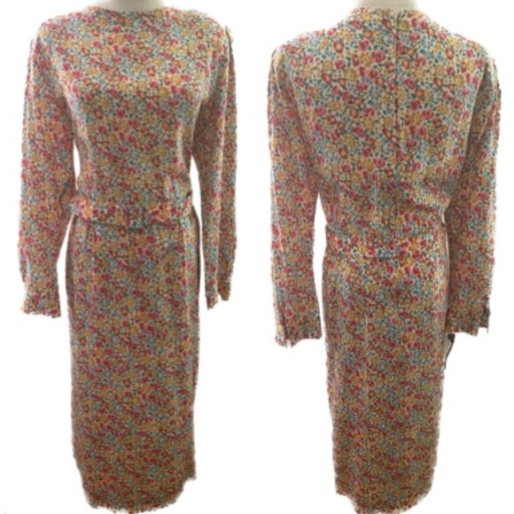 80s TANNER SILK DITZY PASTEL FLORAL PRINT MIDI DRESS BELTED PADDED SHOULDER 14 - Picture 2 of 12